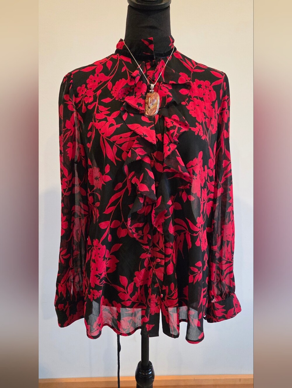 Chico's Black Blouse with Red Floral Ruffle Front